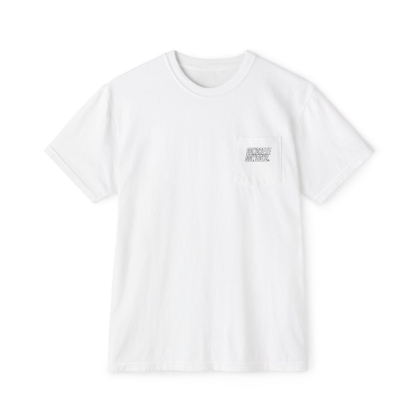 Pocket tee in white with classic Concrete Cowboys logo on chest pocket.