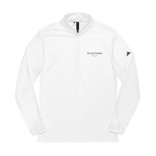 Quarter-zip sweatshirt in white with Supply Co. EST logo.