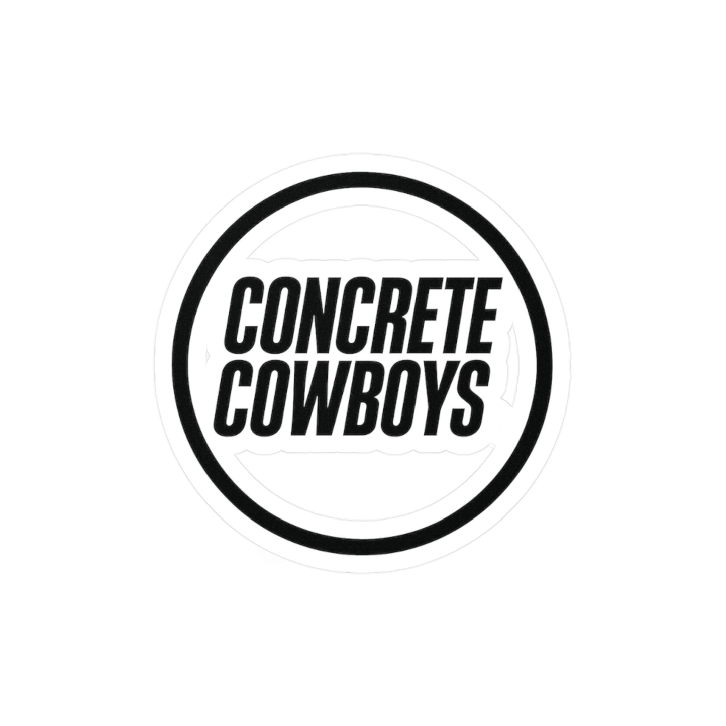 Kiss-cut vinyl decal featuring Concrete Cowboys circle stamp logo with satin finish. Available in 3x4, 4x6, and 6x8 inch sizes.