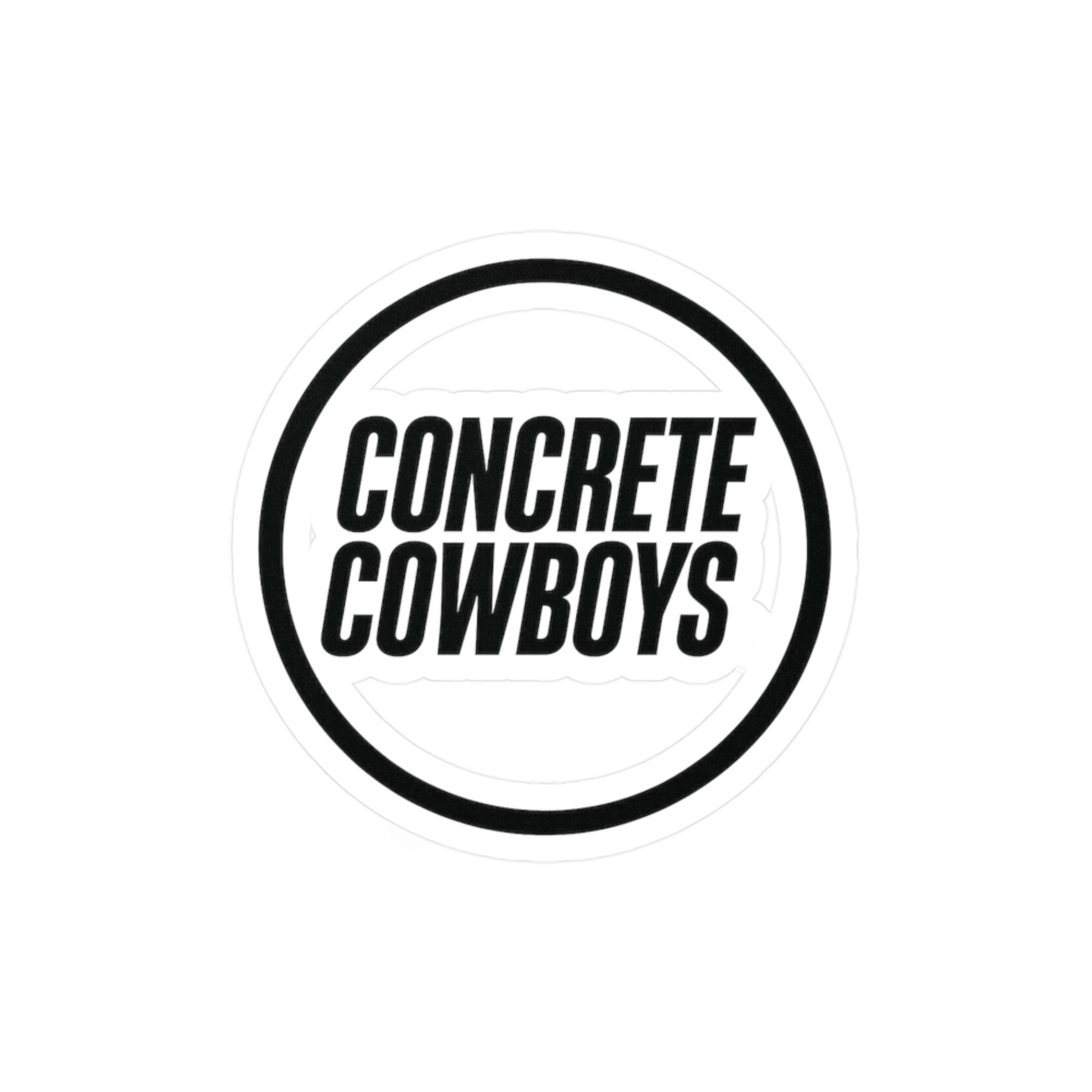 Kiss-cut vinyl decal featuring Concrete Cowboys circle stamp logo with satin finish. Available in 3x4, 4x6, and 6x8 inch sizes.