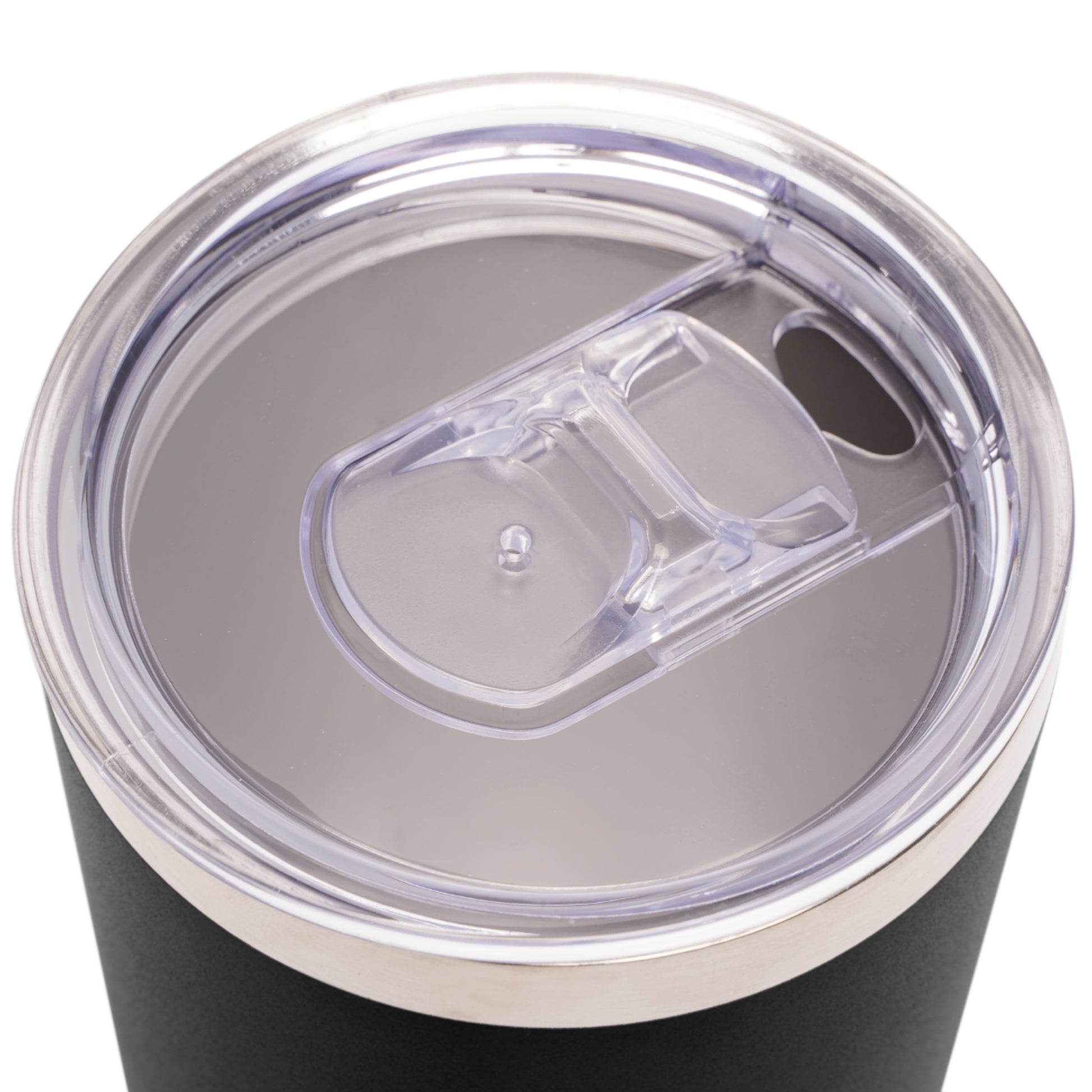 Overhead view of Concrete Cowboys Cowboy Classic Tumbler 22oz black displaying a clear splash-resistant lid with sliding closure