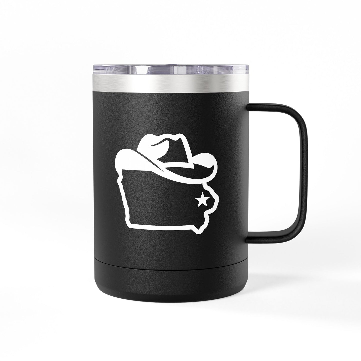 15oz black ceramic mug featuring Iowa Cowboy logo with Iowa outline and star