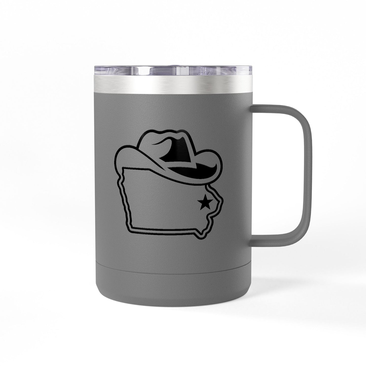 15oz gray ceramic mug featuring Iowa Cowboy logo with Iowa outline and star.