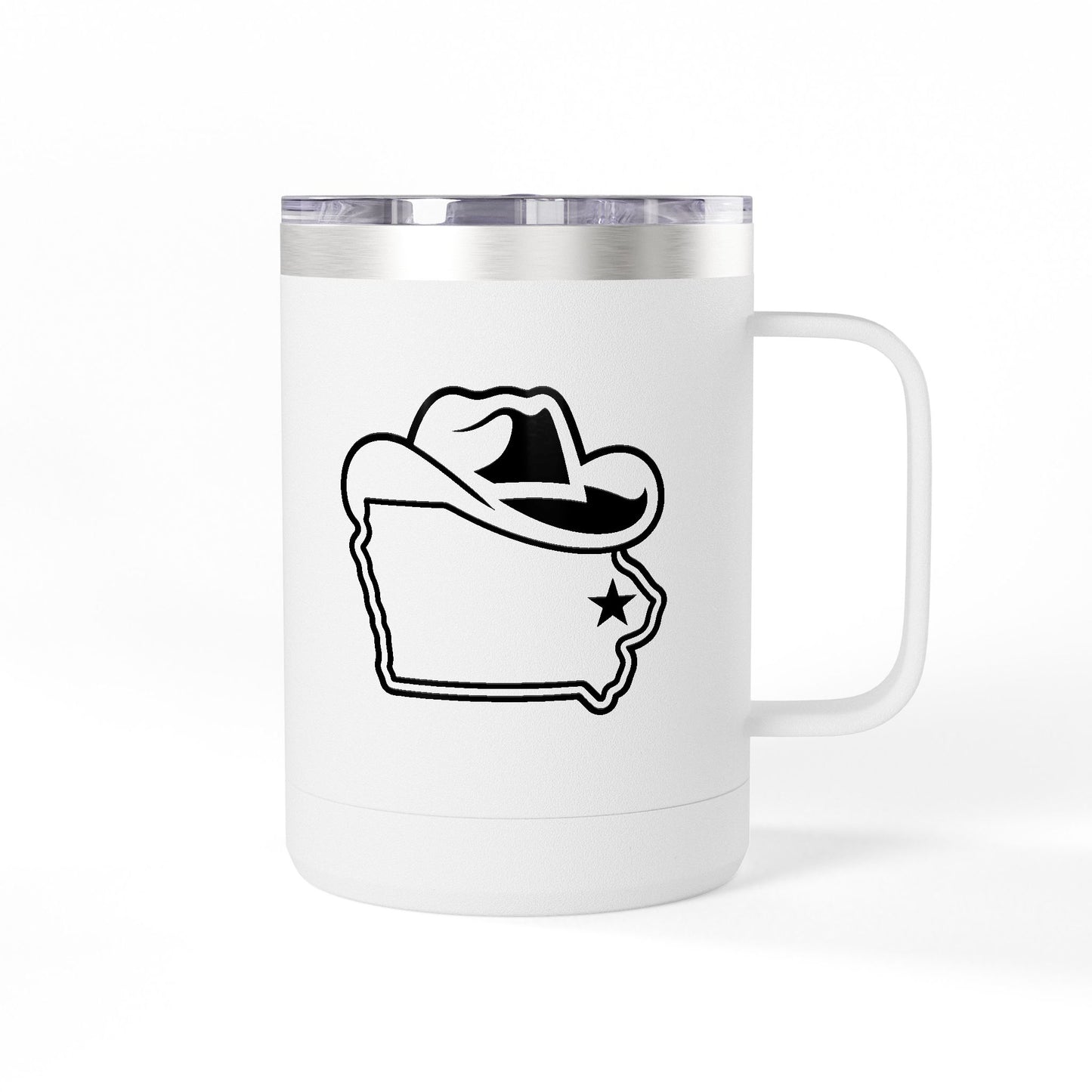 15oz white ceramic mug featuring Iowa Cowboy logo with Iowa outline and star