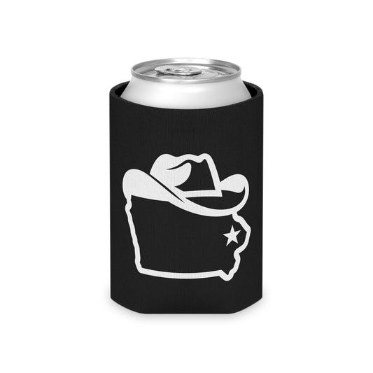 Regular-size neoprene can koozie featuring Iowa Cowboy graphic with Iowa outline and star.