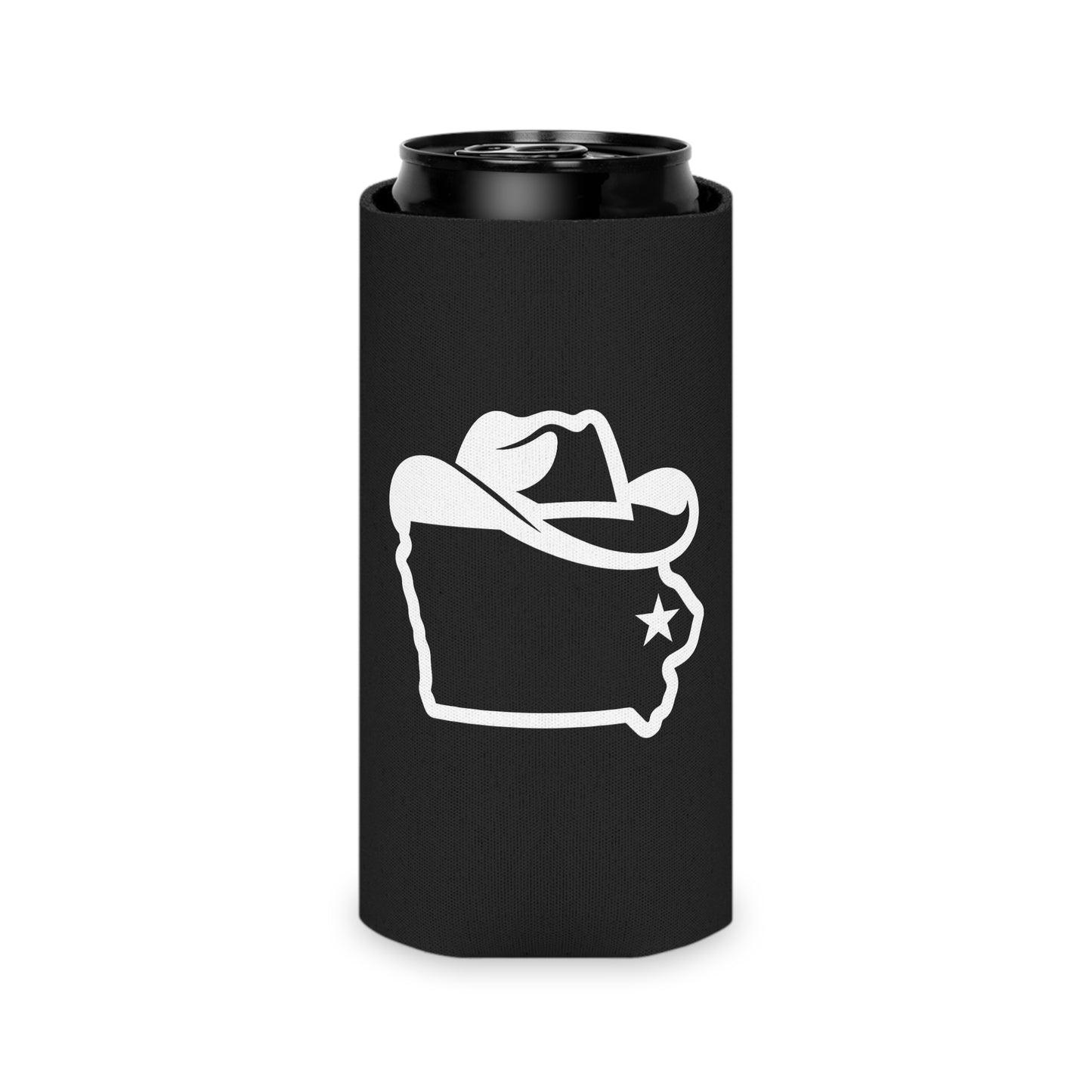Slim-size neoprene can koozie featuring Iowa Cowboy graphic with Iowa outline and star.