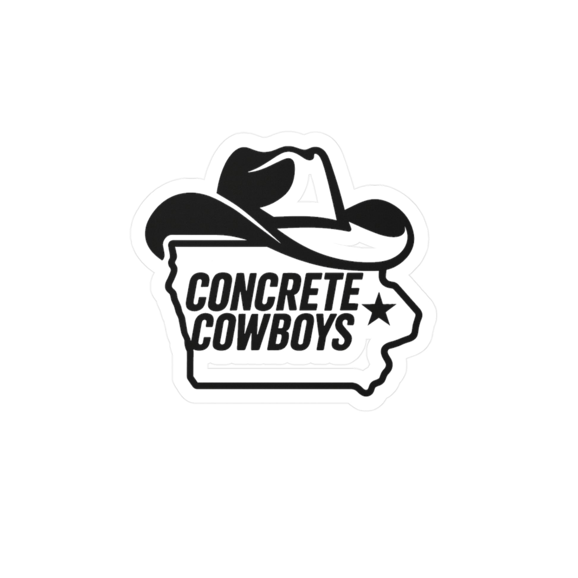 Durable satin vinyl decal featuring Iowa Cowboy graphic with Iowa outline and star. Available in 3x4, 4x6, 6x8, and 8x10 inch sizes.