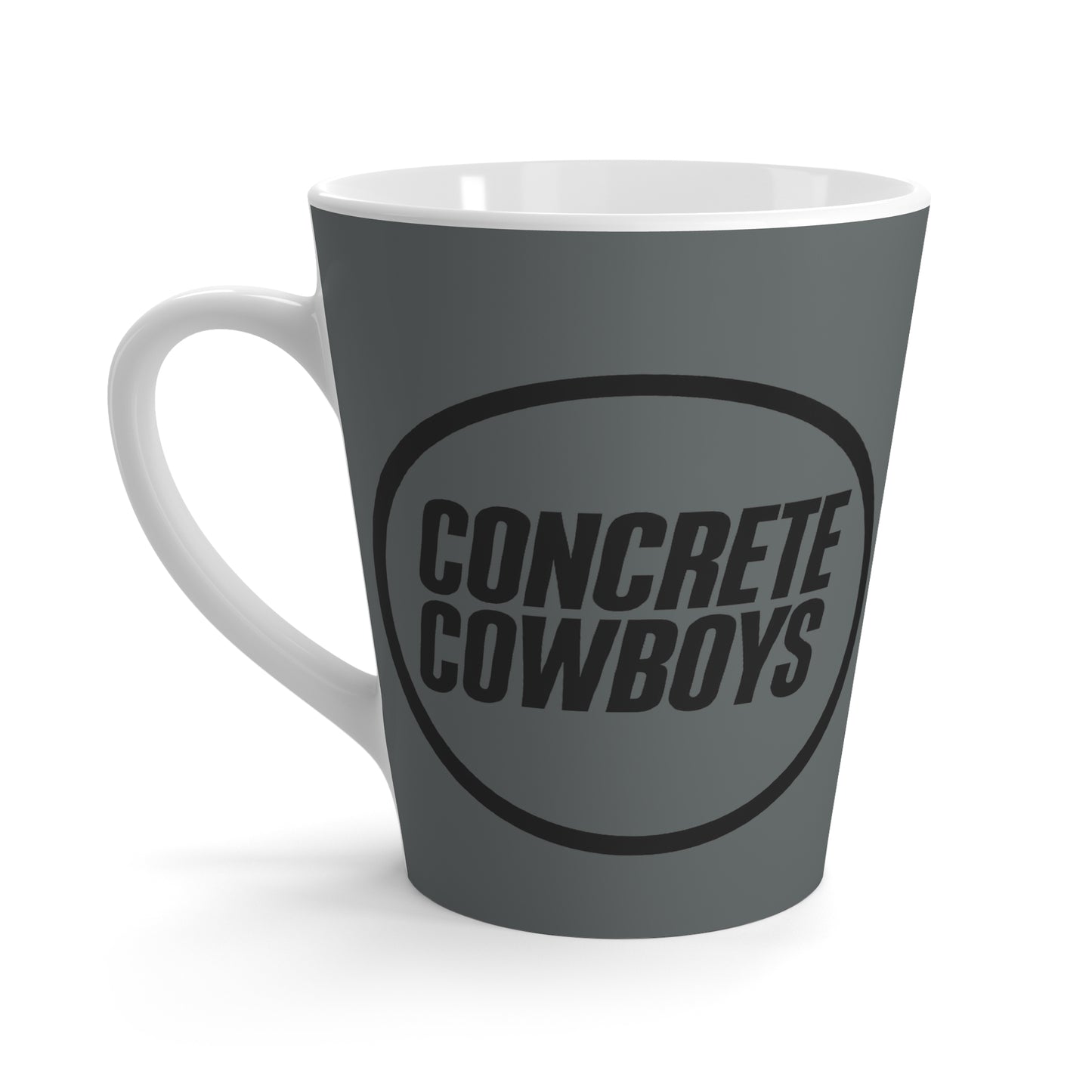 12oz gray ceramic mug featuring Concrete Cowboys circle stamp logo on front.
