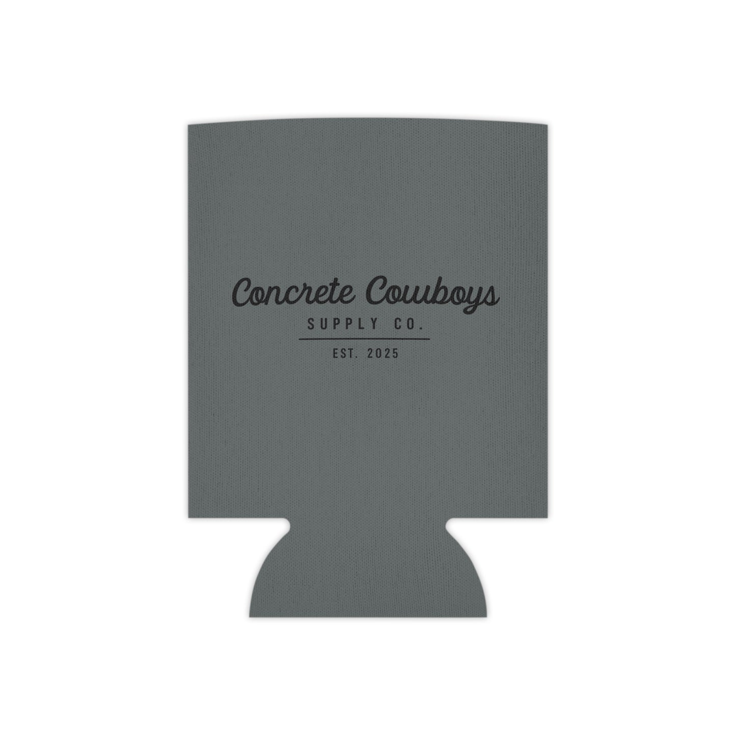 Regular-size neoprene can koozie featuring Concrete Cowboys Supply Co. EST branding.