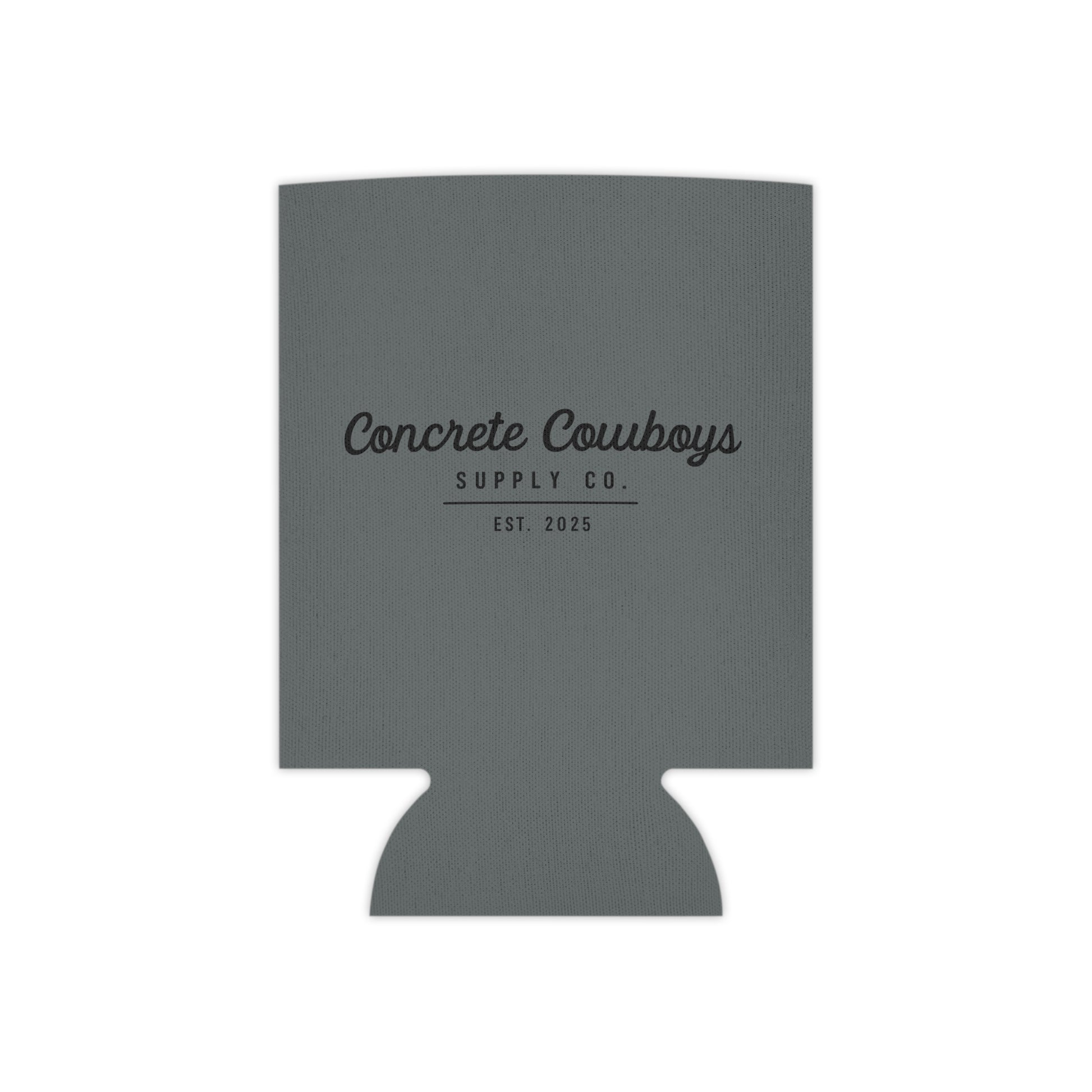 Regular-size neoprene can koozie featuring Concrete Cowboys Supply Co. EST branding.