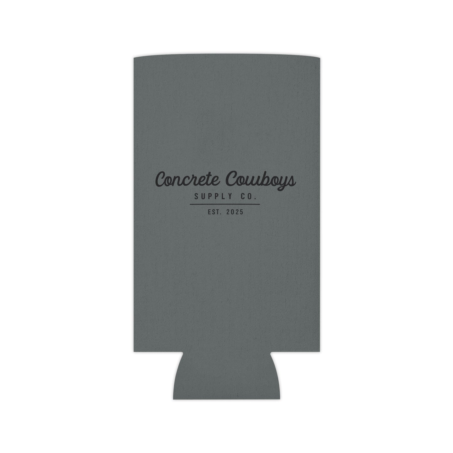 Slim-size neoprene can koozie featuring Concrete Cowboys Supply Co. EST branding.