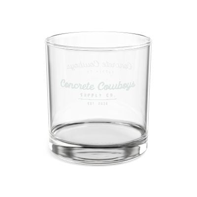 10.5oz whiskey glass featuring etched Concrete Cowboys Supply Co. EST branding with heavy-base design.