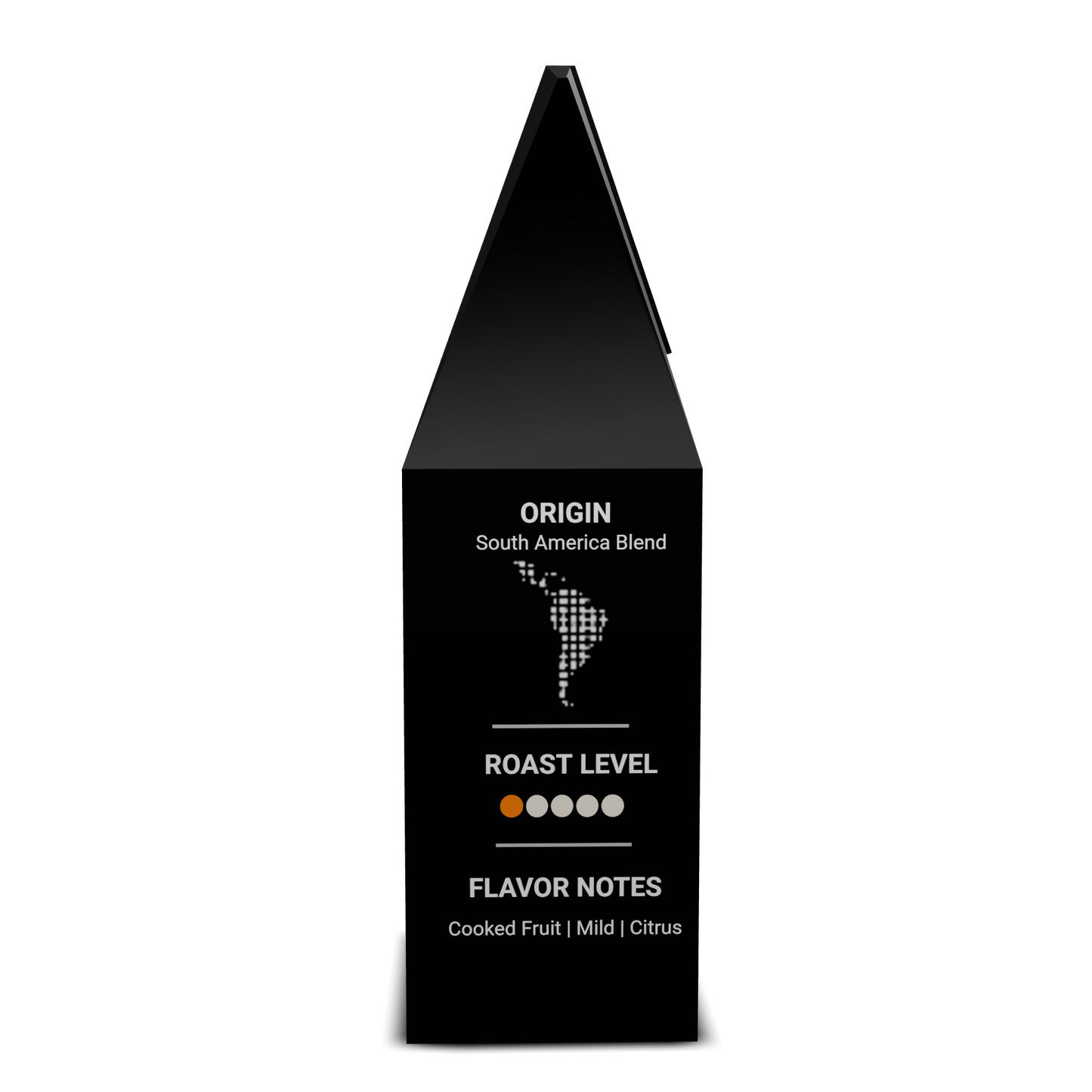 Early Pour coffee bag side panel with tasting notes, roast level, and origin map