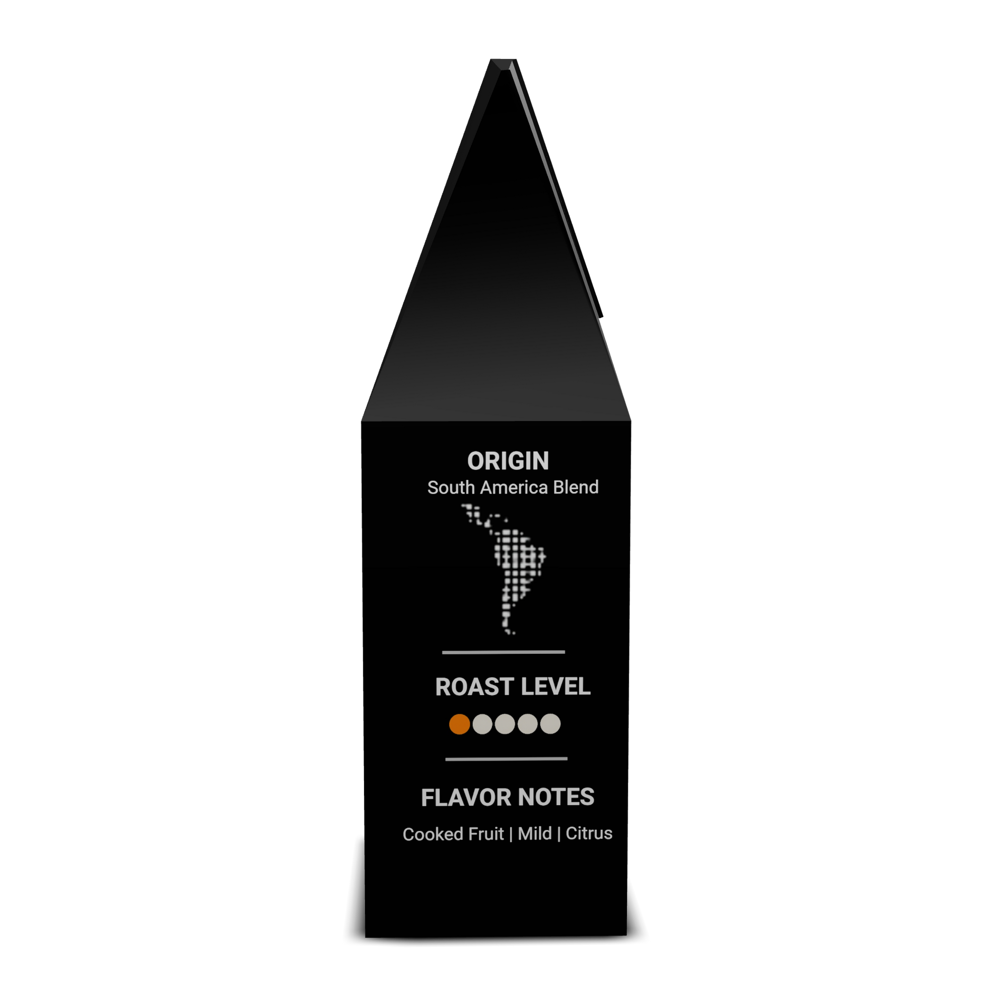 Early Pour coffee bag side panel with tasting notes, roast level, and origin map