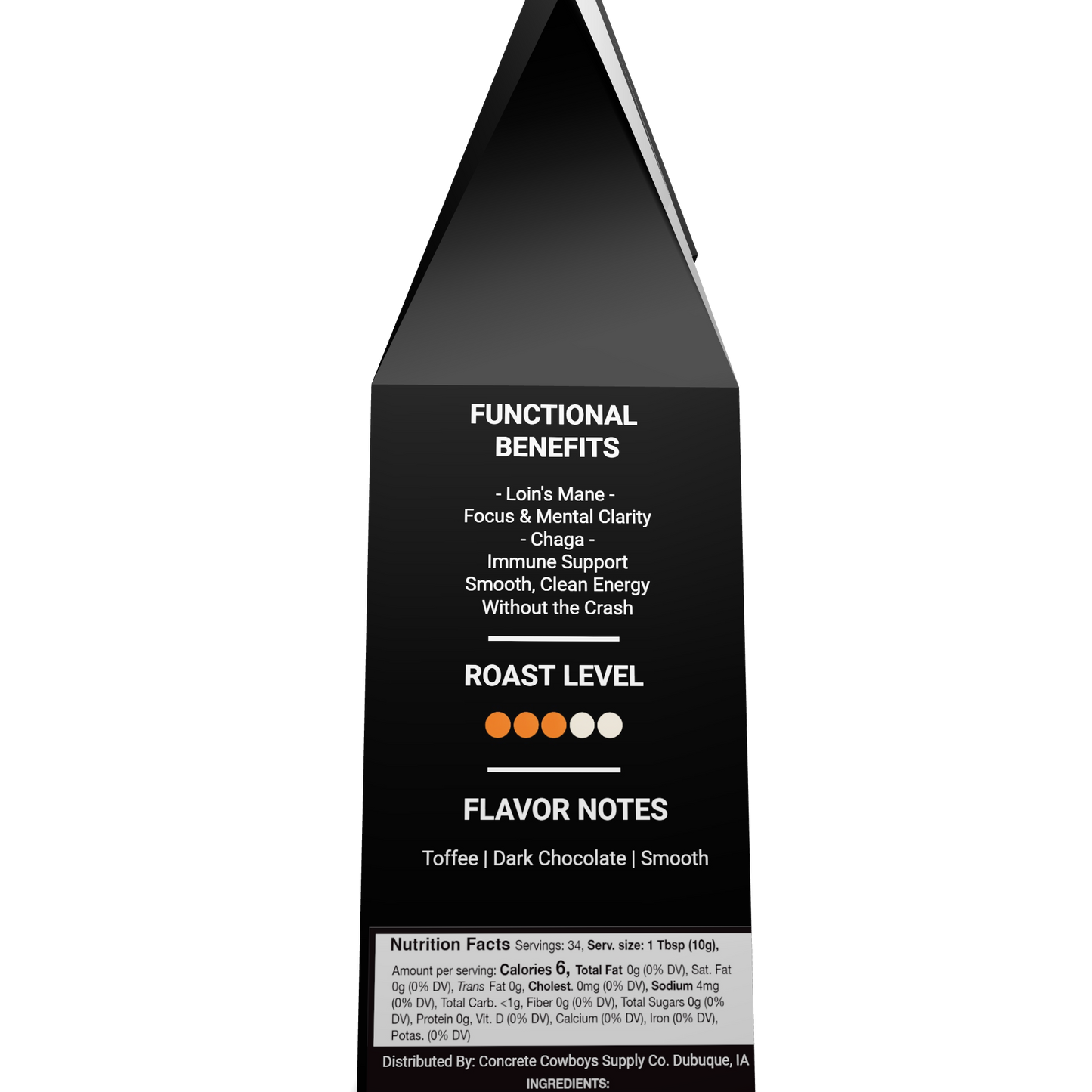 Functional Mushroom coffee bag side panel with functional benefits, roast level, flavor notes, and nutrition facts