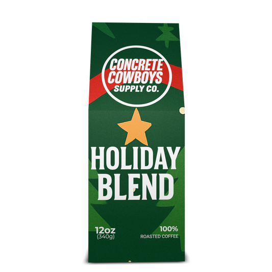 Concrete Cowboys Holiday Blend dark roast coffee bag front view