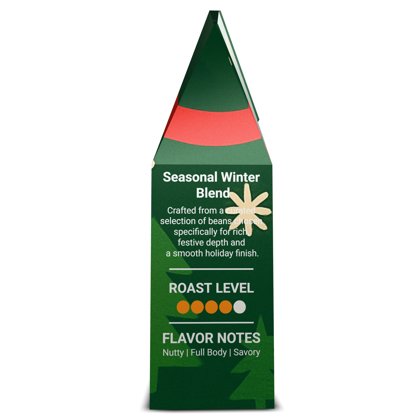 Holiday Blend coffee bag side panel with tasting notes, roast level, and origin map