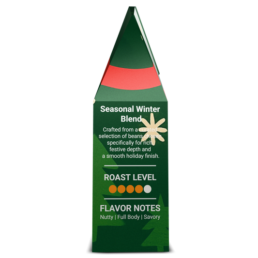 Holiday Blend coffee bag side panel with tasting notes, roast level, and origin map