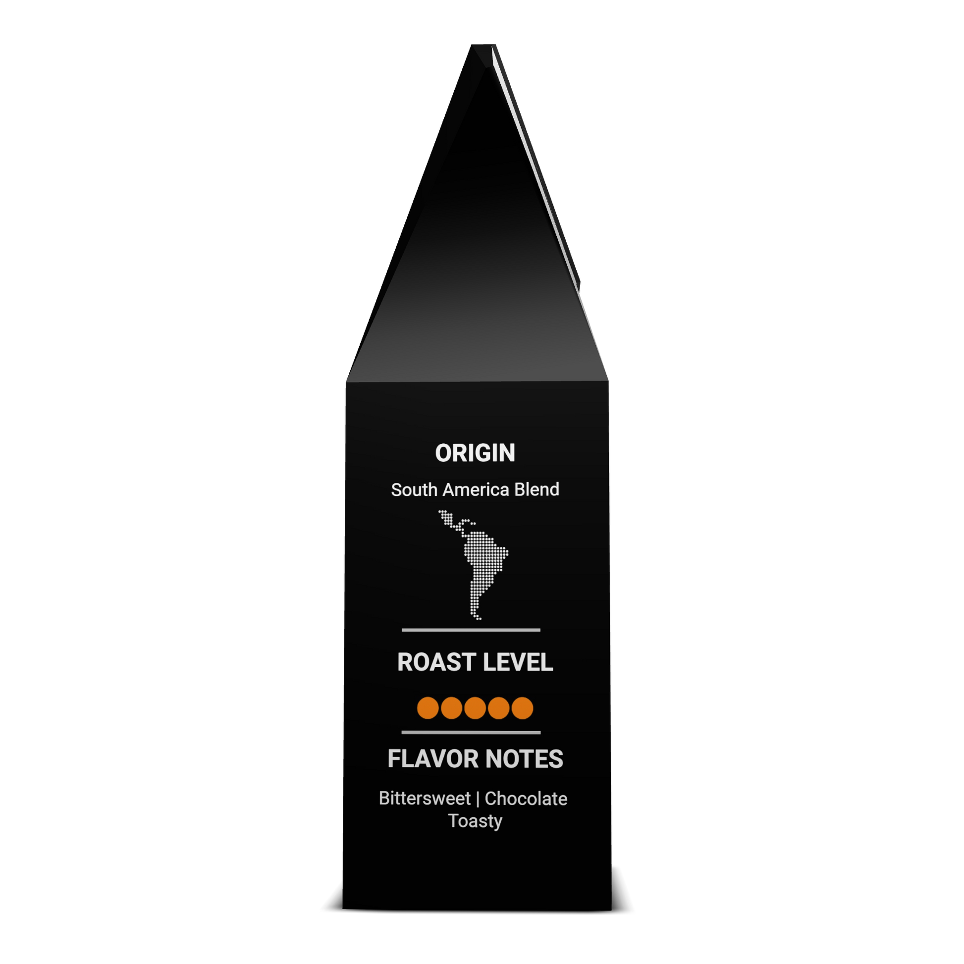 Kick'in Asphalt coffee bag side panel with tasting notes, roast level, and origin map