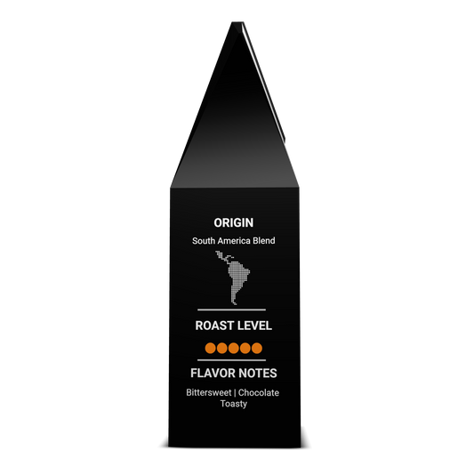 Kick'in Asphalt coffee bag side panel with tasting notes, roast level, and origin map