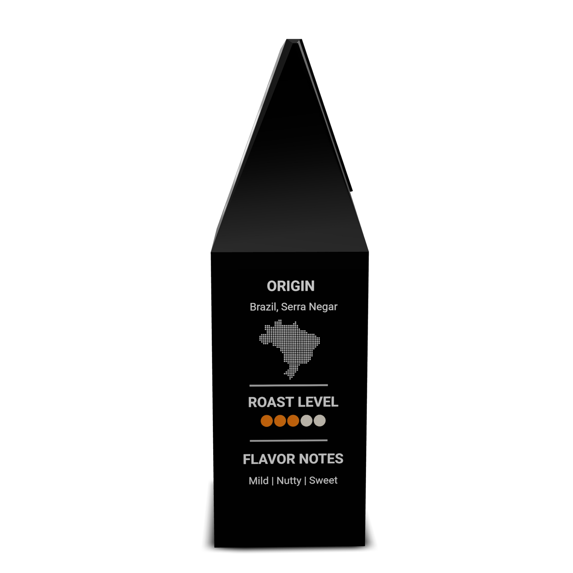 Off the Clock coffee bag side panel with tasting notes, roast level, and origin map