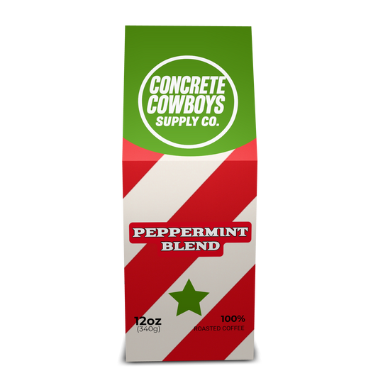 Concrete Cowboys Peppermint Blend medium roast holiday coffee bag front view