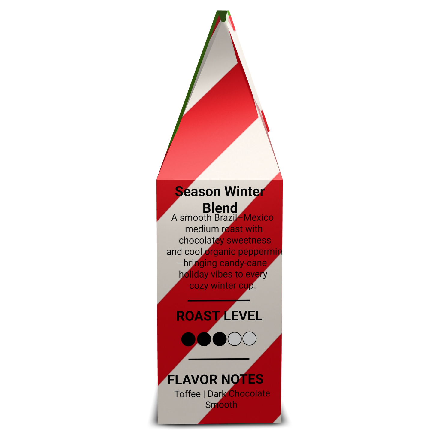 Peppermint Blend coffee bag side panel with tasting notes, roast level, and origin map