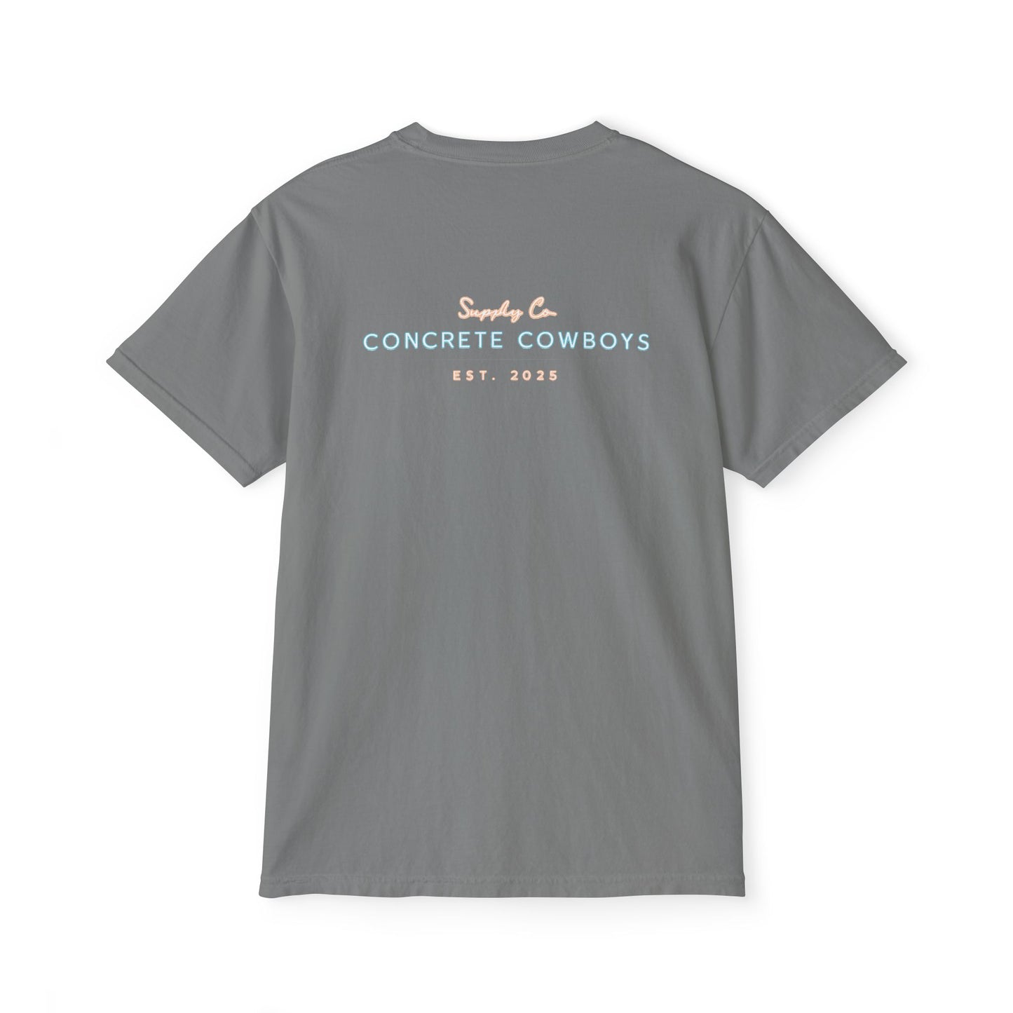 Concrete Cowboys Supply Co. grey pocket t-shirt back featuring supply company design