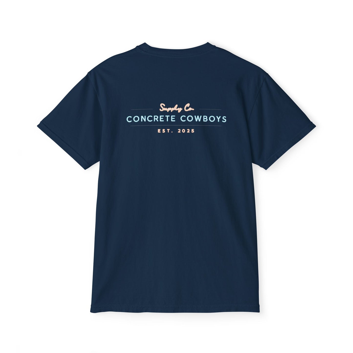 Concrete Cowboys Supply Co. true navy pocket t-shirt back with bold supply co graphic