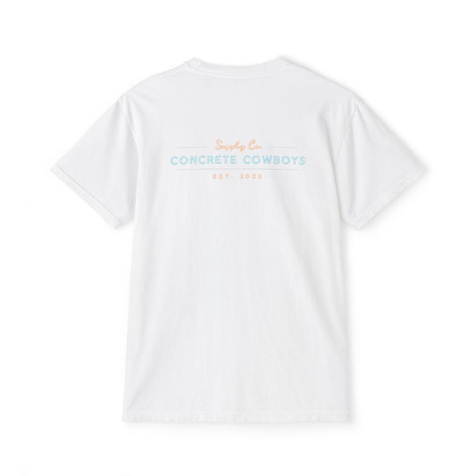 Concrete Cowboys Supply Co. white pocket t-shirt back featuring supply company design