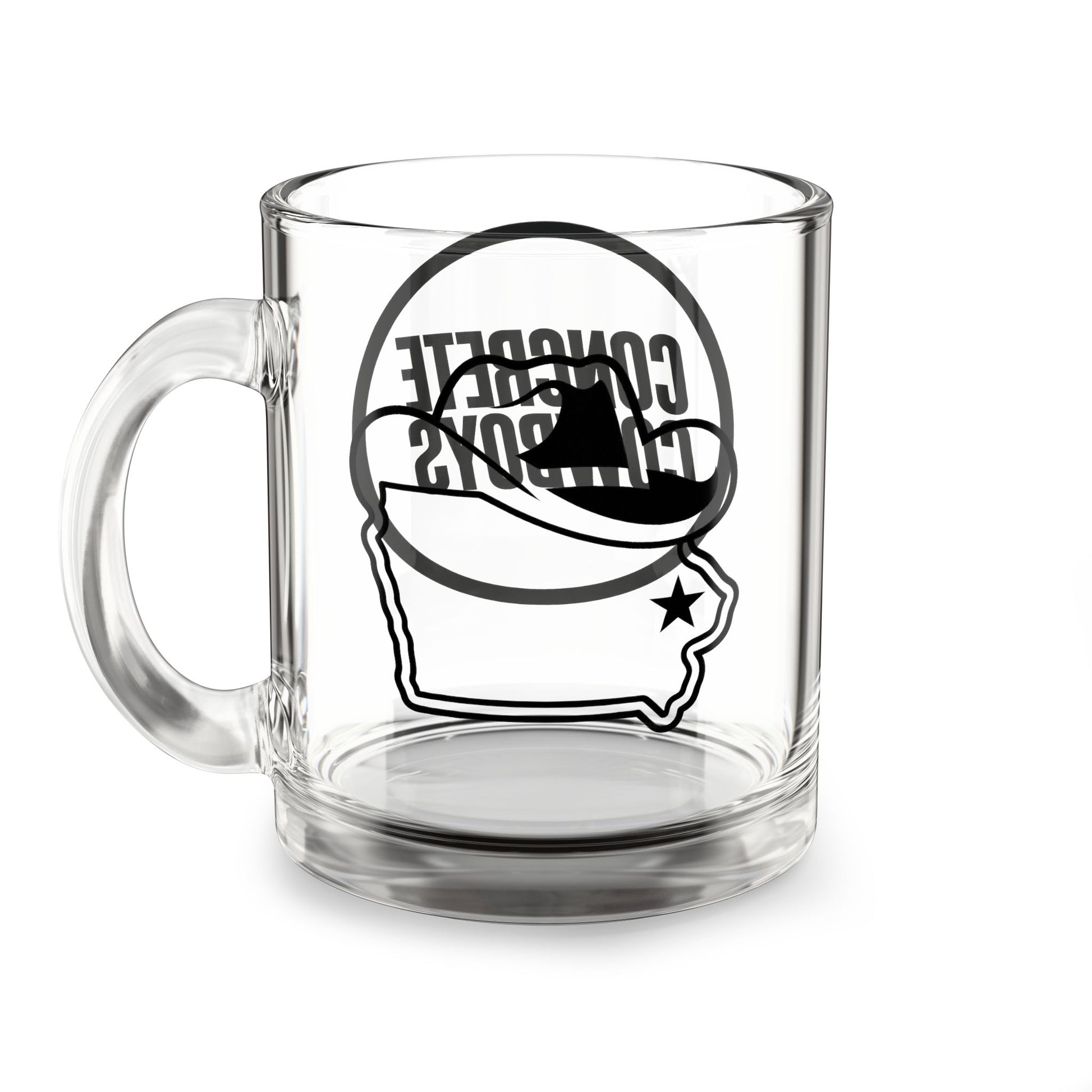 Iowa Cowboy glass mug with Iowa outline and star 10oz